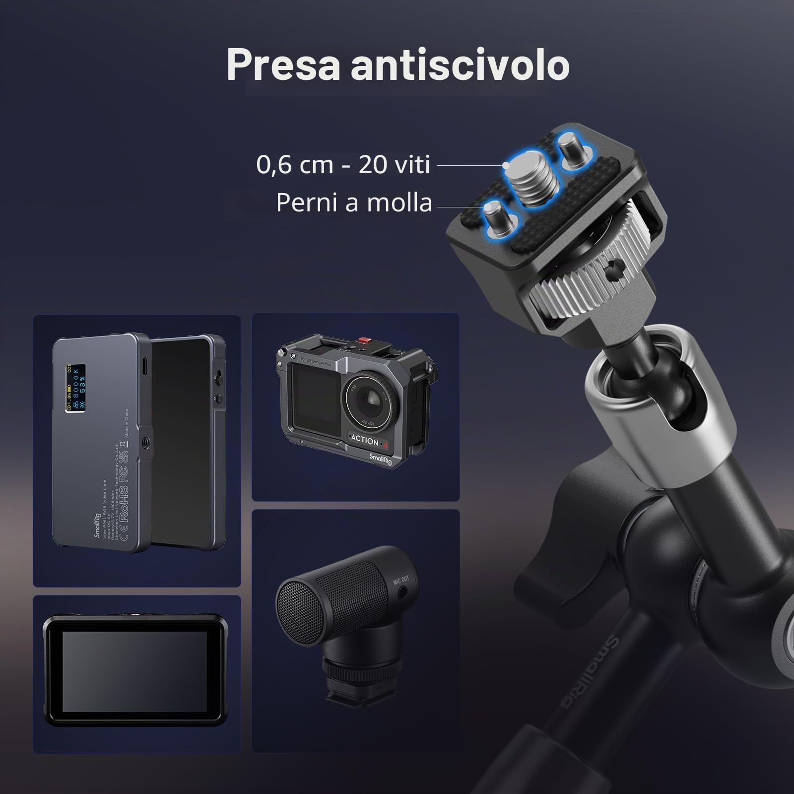 SmallRig 7'' Magic Arm con viti da 1/4"-20 e perni a molla, portata 1,5 kg, doppia testa a sfera a 360°, design antiscivolo per fotocamere/luci/monitor/microfoni/telefoni, 5308