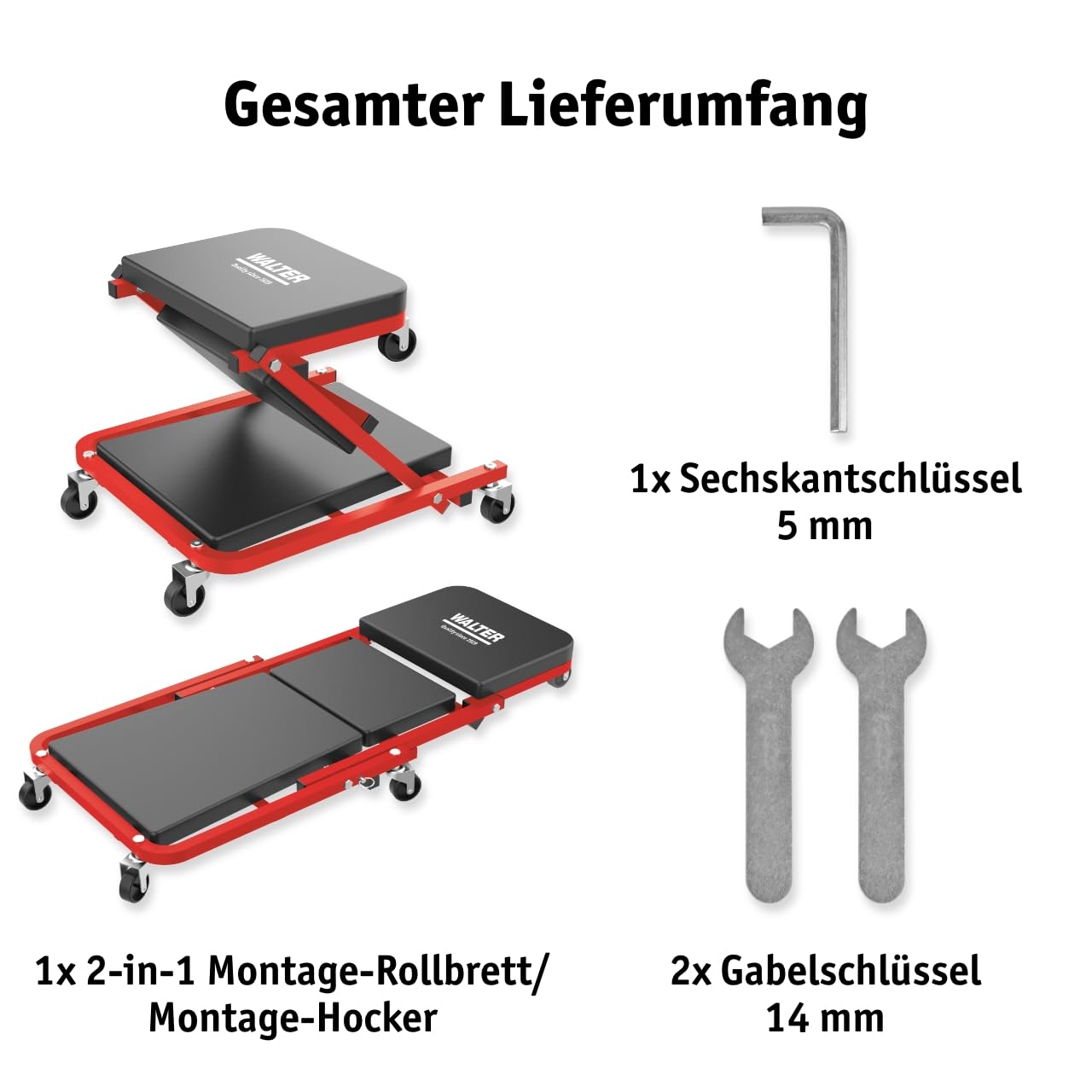 WALTER Montage Rollbrett/Werkstatthocker 2in1 | Tragkraft 150kg Rollsitz, Werkstattliege, Reifen Wechseln Zubehör, 360° drehbar