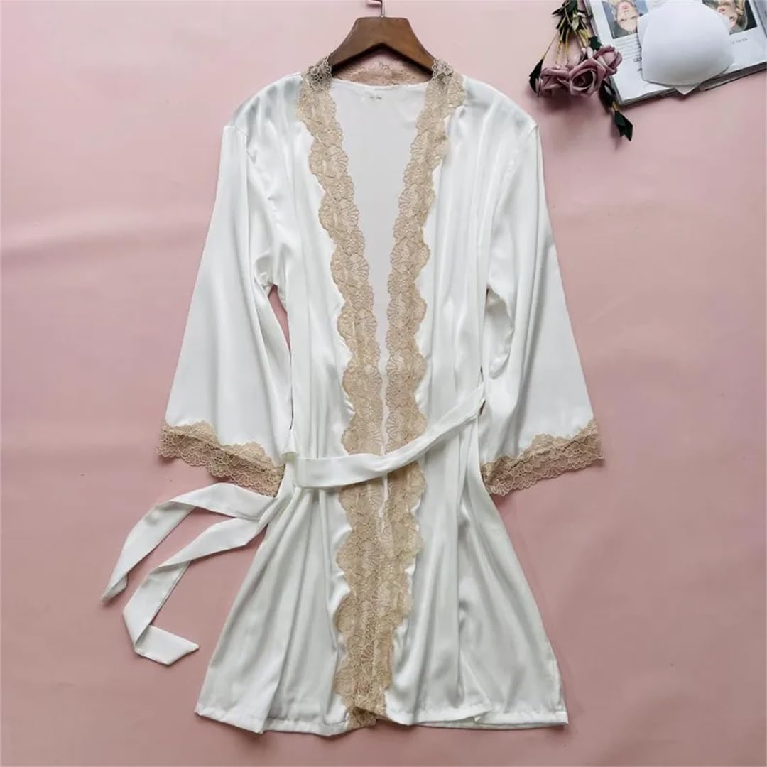 Women Satin Wedding Lace Bathrobe Party Loungewear Sexy Thin Summer Dressing with Belt Loose Sleepwear