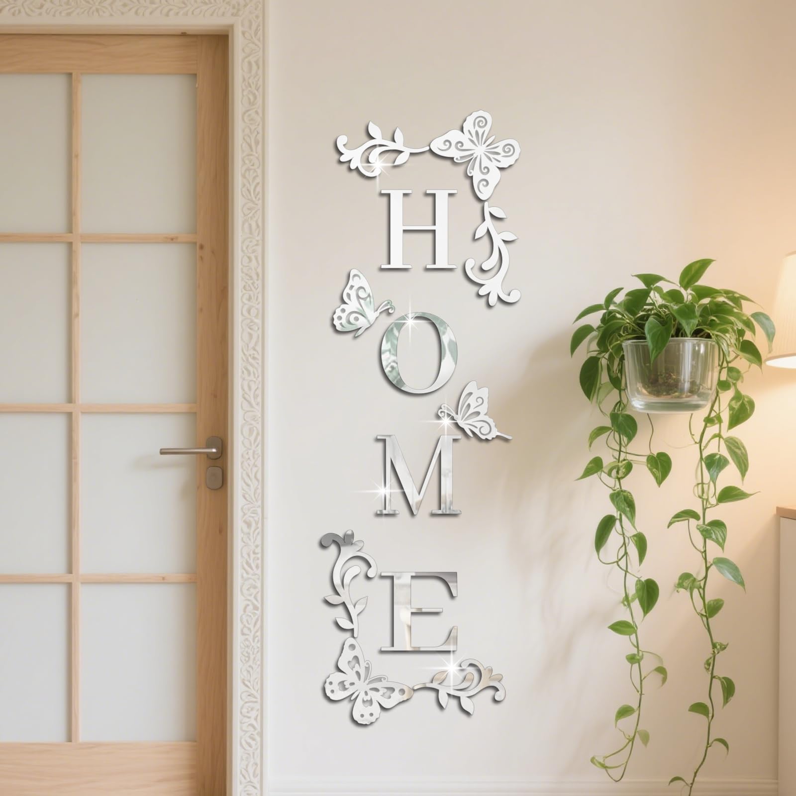 GLOBLELAND Silver Home Letter Sign Acrylic Mirror Wall Stickers for Living Room 47.99x15.27 in 2.8 mm Thick Butterfly Vines Self-Adhesive Wall Decor Decals for Bedroom Kitchen Decorations