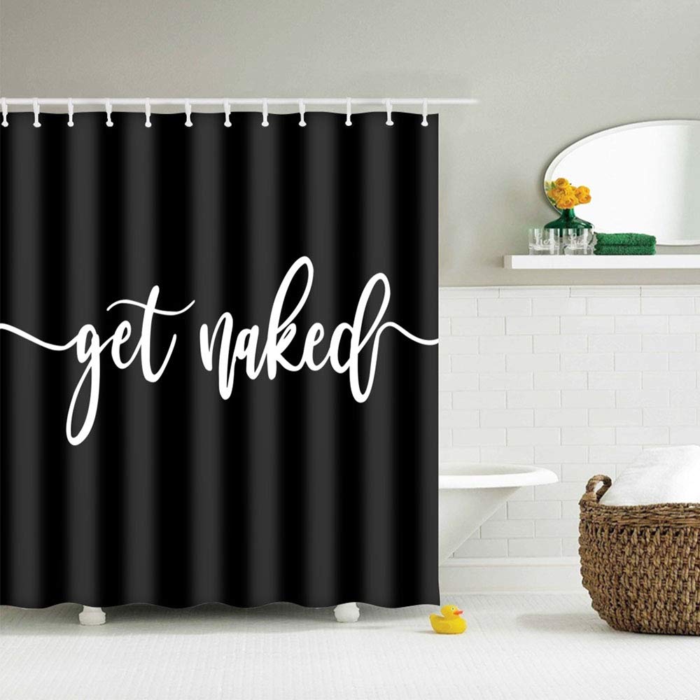 IcosaMro Get Naked Shower Curtain for Bathroom with Hooks, Black and White Funny Quotes Decorative Long Cloth Fabric Shower Curtain Bath Decorations- 71Wx72L Inch, Black