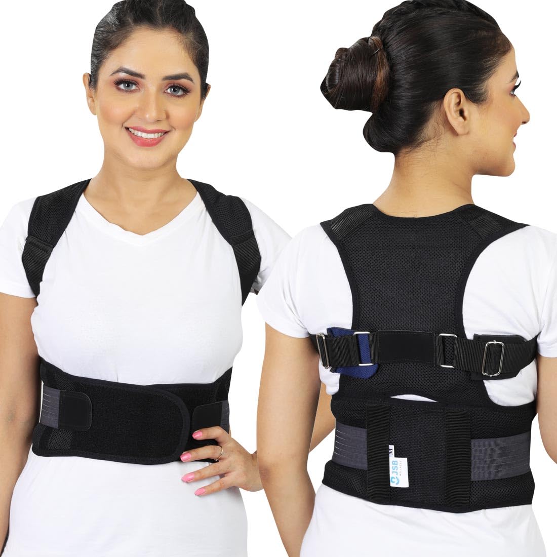 JSB BS63 Back Posture Corrector Belt for Men & Women Lightweight Daily Use Shoulder Pain Relief Support Brace (Large) (Black)
