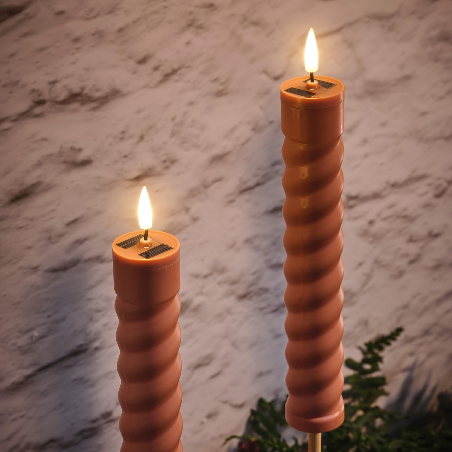 Lights4fun Set of 2 Orange Terracotta Solar Powered Waterproof TruGlow® LED Flameless Candle Garden Patio Tiki Torches with Realistic Warm White Flickering Flame - Image 3