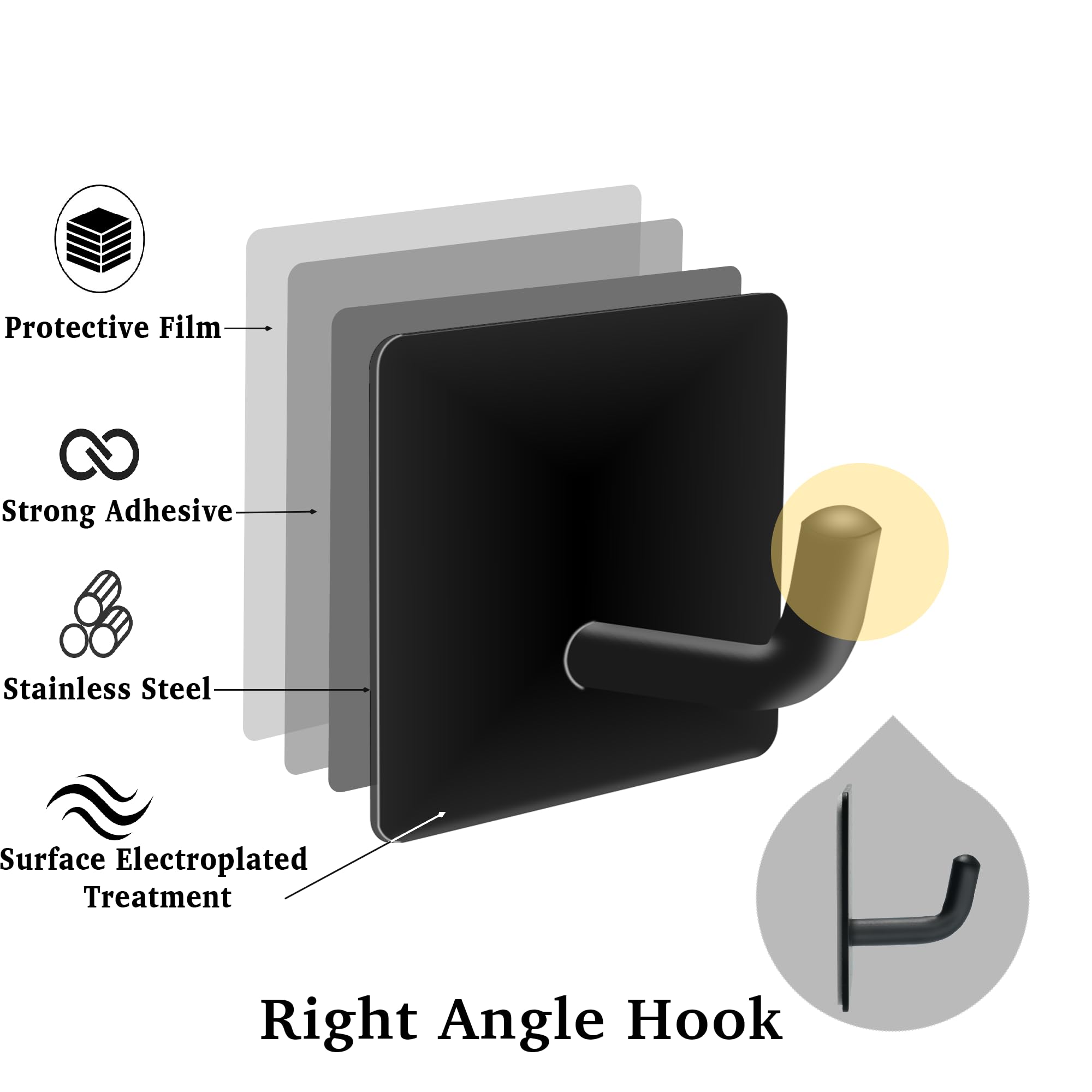 XIANG YXWO Heavy Duty Adhesive Hooks, Matte Black Metal Sticky 4 Pack Hooks, Waterproof Hook for Coat, Hat,Towel, for Kitchen, Bathroom, Kitchen, Bedroom. No Damage No Drilling for Wall