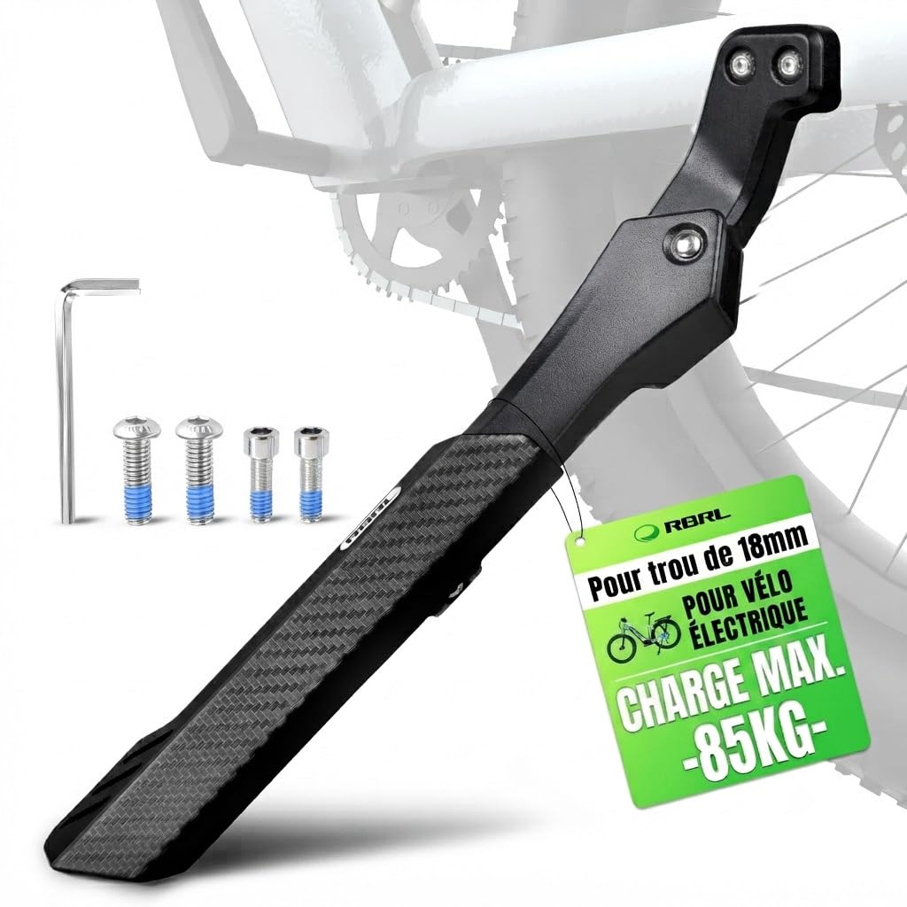 RBRL Support de vélo pour vélo électrique (Roue arrière) - avec 2 Trous de 18 mm, capacité de Charge de 85 kg, béquille latérale en Aluminium Ultra-Stable pour Roues de 26 à 29 Pouces