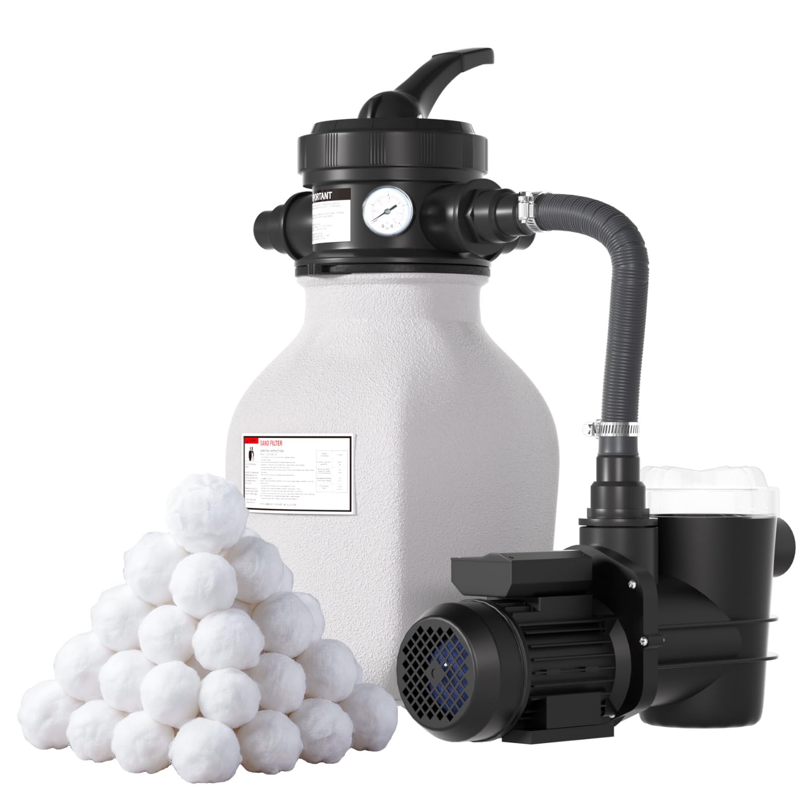 POOLPURE 1 Unidad Planta De Filtro De Arena 6 M³/H Incluye 700G Bolas Filtrantes | Válvula De 7 Vías Y Adaptador 2En1 Ø32Mm - 38Mm | Filtro De Piscina Con Manómetro | Recambio Para Planta De Filtro De
