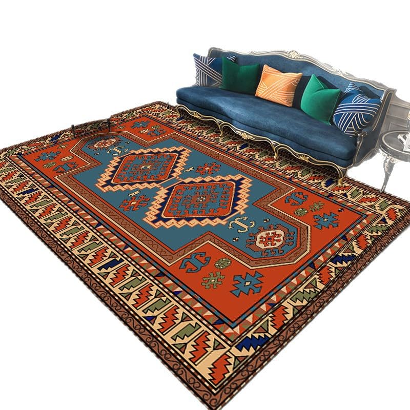 Alfombra vintage geométrica tradicional azul naranja de pelo bajo para el hogar 2