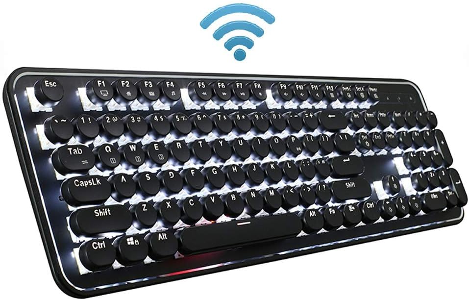 DoubleW Typewriter Keyboard Wireless Bluetooth Wired USB Type-C Dual-Mode Mechanical Gaming Keyboard White LED Backlit, 104-Key Anti-Ghosting Blue Switch, Metal Panel Retro Steampunk Style, Black