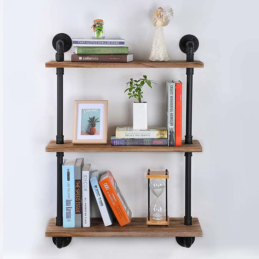 Exblue Industrial Pipe Shelves with Wood, Rustic Wall Shelves, 3 Tier Floating Wood Shelves for Bedrooms, Kitchens or Bar Storage, Retro Espresso