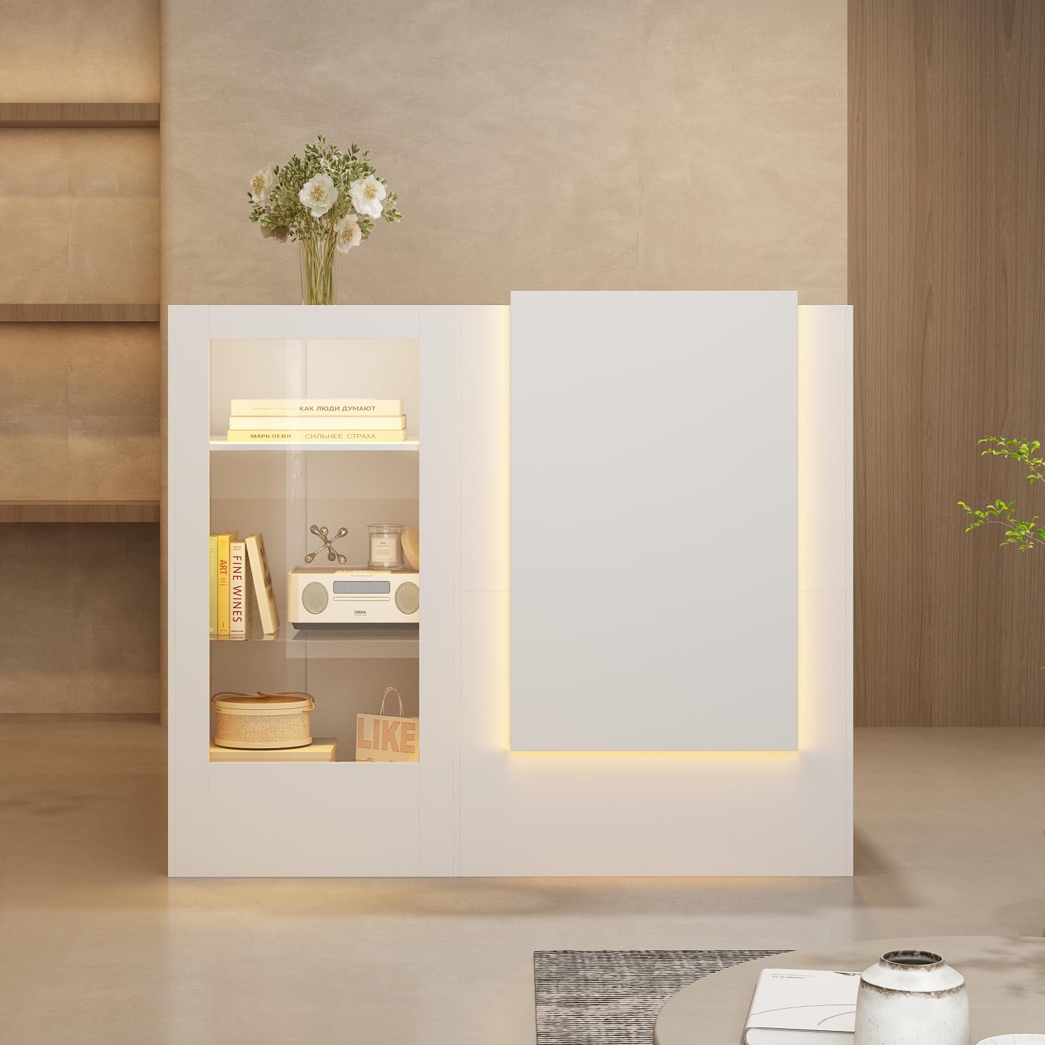 Banco di ricezione ad angolo bianco, con cassetto della tastiera e 2 armadi, cassette con strisce luminose, cassette di ricezione con piano in vetro temperato, tavolo da reception, 120 x 122 x