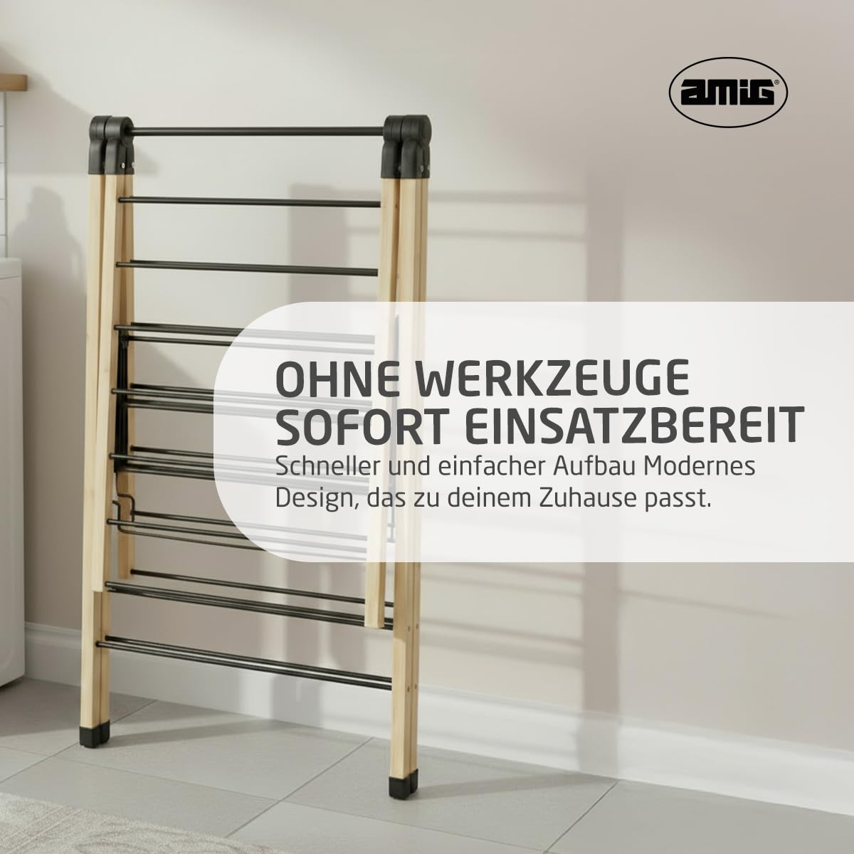Amig - Klappbarer Wäscheständer mit Flügeln Mod. Aeria NaturDry - Epoxidstahl und Bambus - Wäschetrockner - Einfaches Auf- und Zusammenklappen - 13m Trockenfläche - 137x62x92 cm - Farbe Schwarz/Bambu