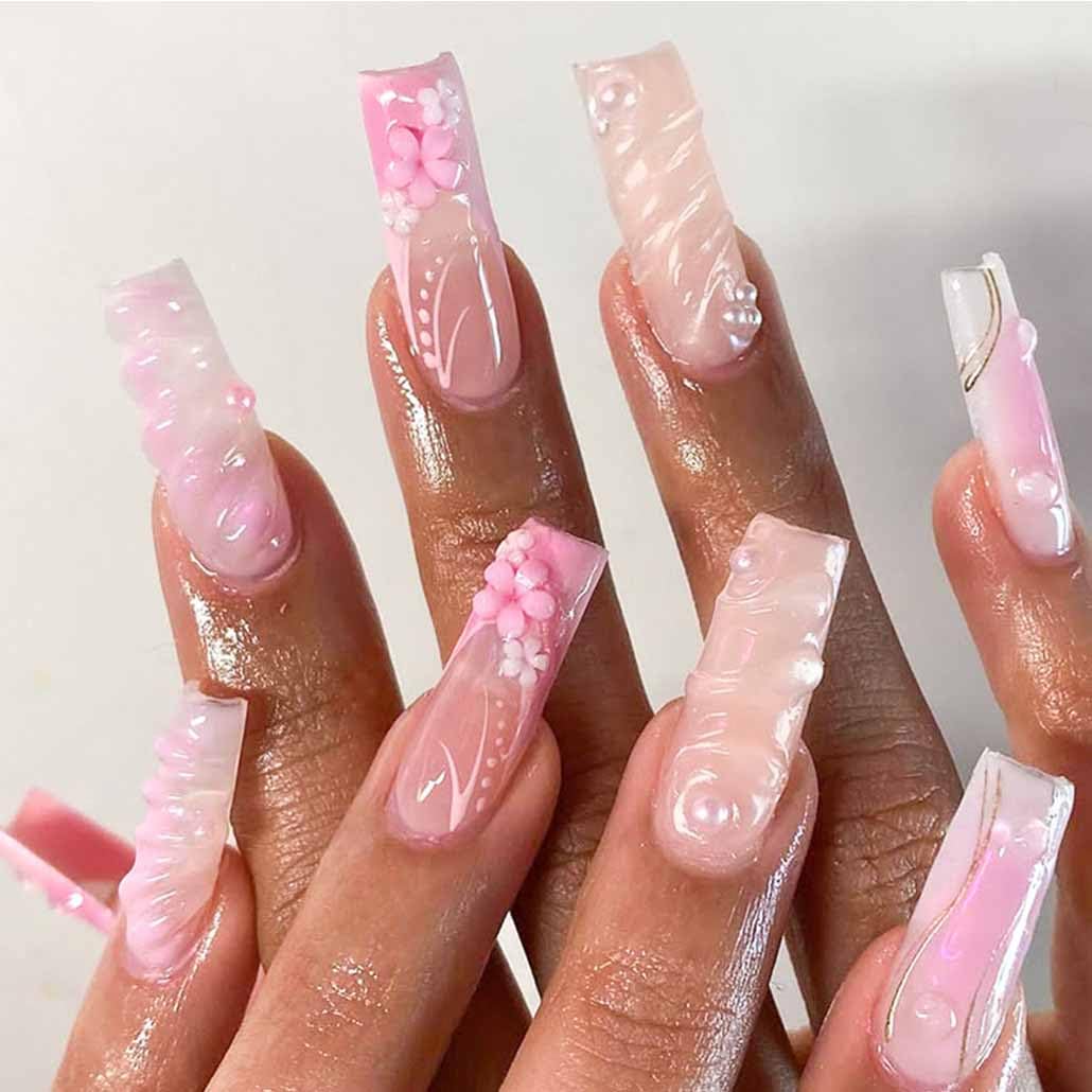 Foccna Press on Nails Acrylic Long Square Bling Glossy 3D Flower False Nail Tips Pink Fake Nails Artificial Nails Finger Manicure for Women and Girls-