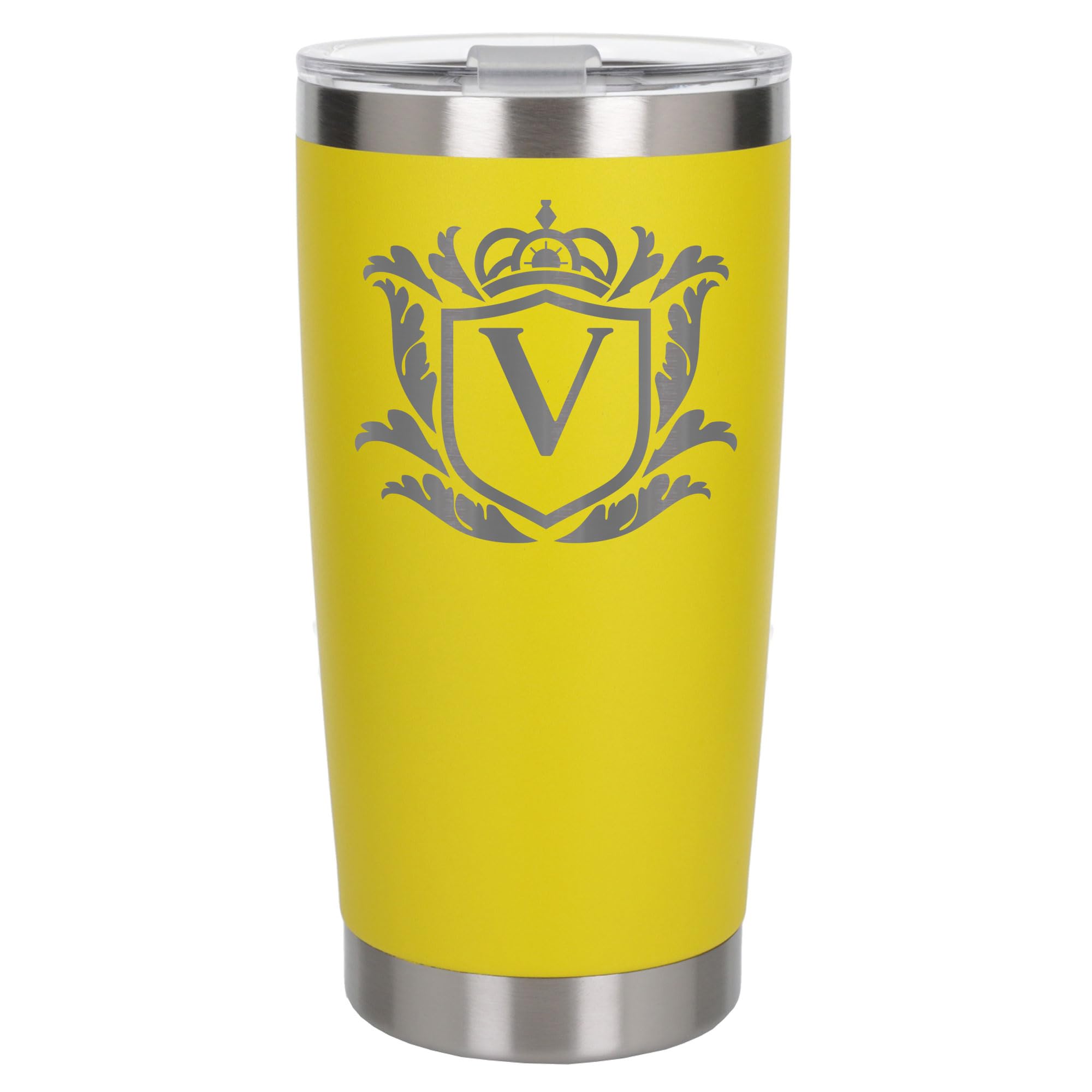 Customised Gifts 500ml Engraved Shield Initial Monogram Insulated Personalised Yellow Travel Mug for Men and Women - Personalised Initial Coffee Travel Mug for Hot and Cold Beverages, Letter V