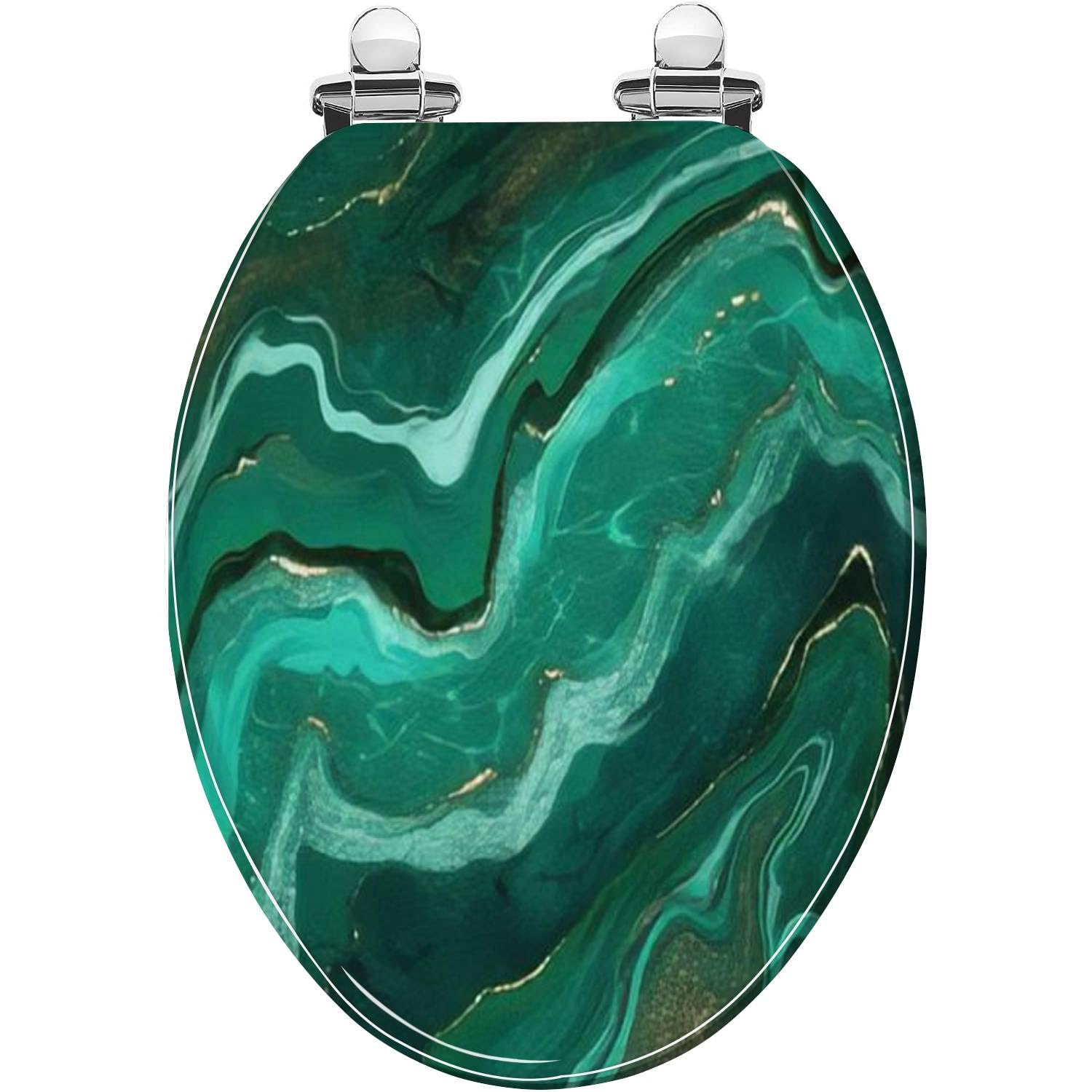 Elongated Toilet Seat texture malachite Abstract green with gold Resin Toilet Seat with Quietly Close Quick Release Hinges Decorative Toilet Seat with Cover Easy to Clean and Install