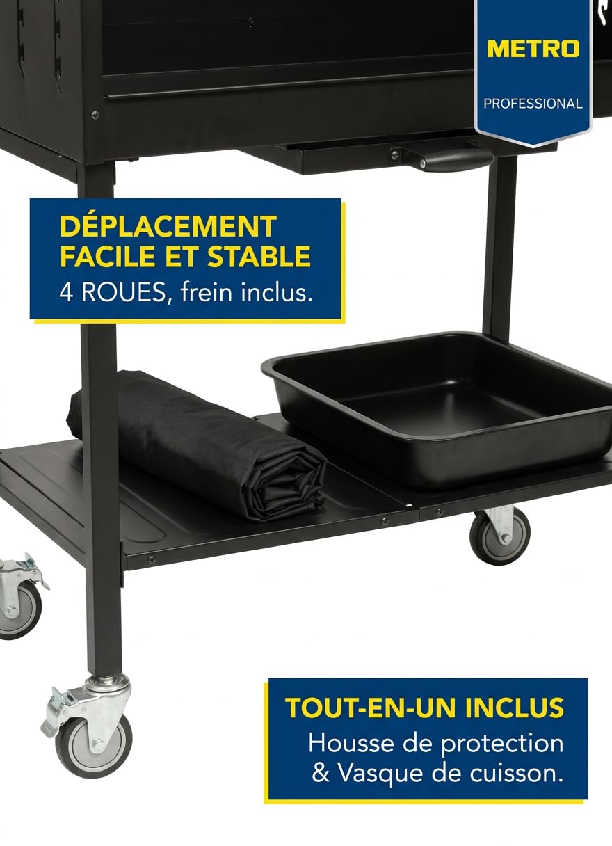 METRO Professional Barbecue DELUXE au charbon de bois sur roulettes, 137 x 68 x 94 cm, housse de protection et tablette, acier/inox, noir