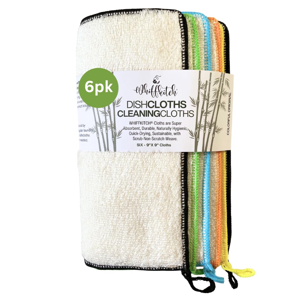 Whiffkitch Dishcloths Dishrags for Kitchen and Household Cleaning 9x9 6-Pack Non-Scratch 2-Ply Weave, Bamboo-Rayon Fabric, Absorbent, Washable, Long-Lasting