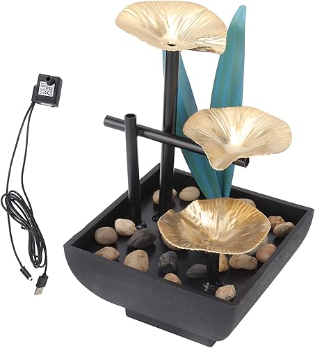 Fuente de agua de mesa, fuente de mesa de hoja de loto de 3 niveles con bomba automática y accesorios de piedra, relajación zen interior para