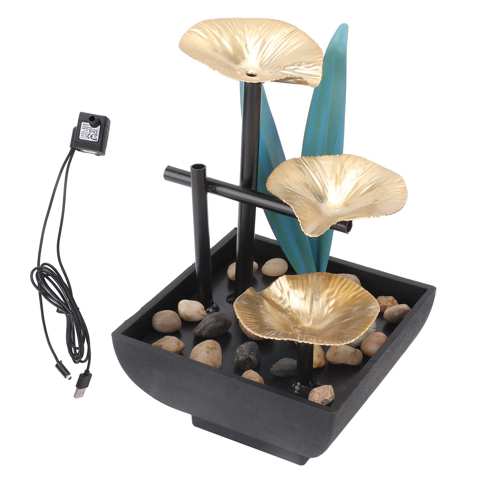 5V USB Tabletop Water Fountain Ornaments with Pump, Stone Accessories for Home Office Decor Features 3Tier Design, Quiet Submersible Pump, Premium Plastic and Metal Construction