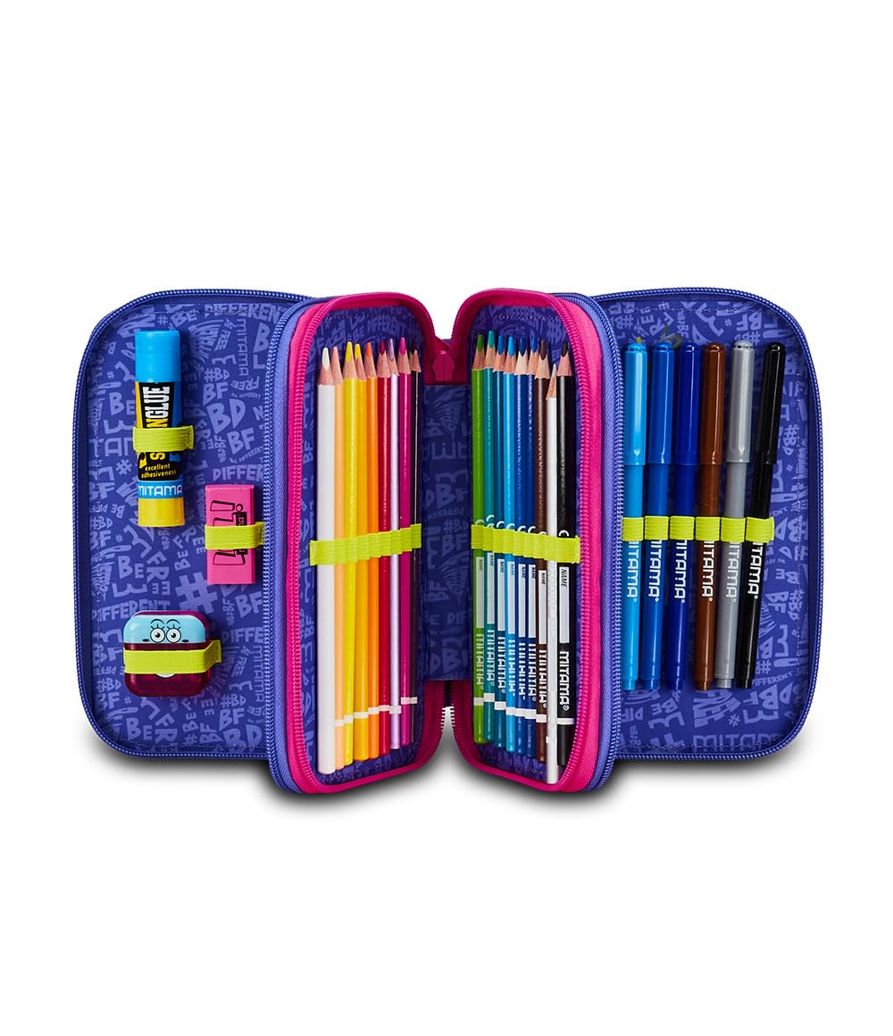 Zaino Scuola Estensibile Mitama con Tasca frontale, Rosa e Viola, Bambino Ragazzo + Astuccio Scuola 3 Scomparti con Contenuto 47 pz