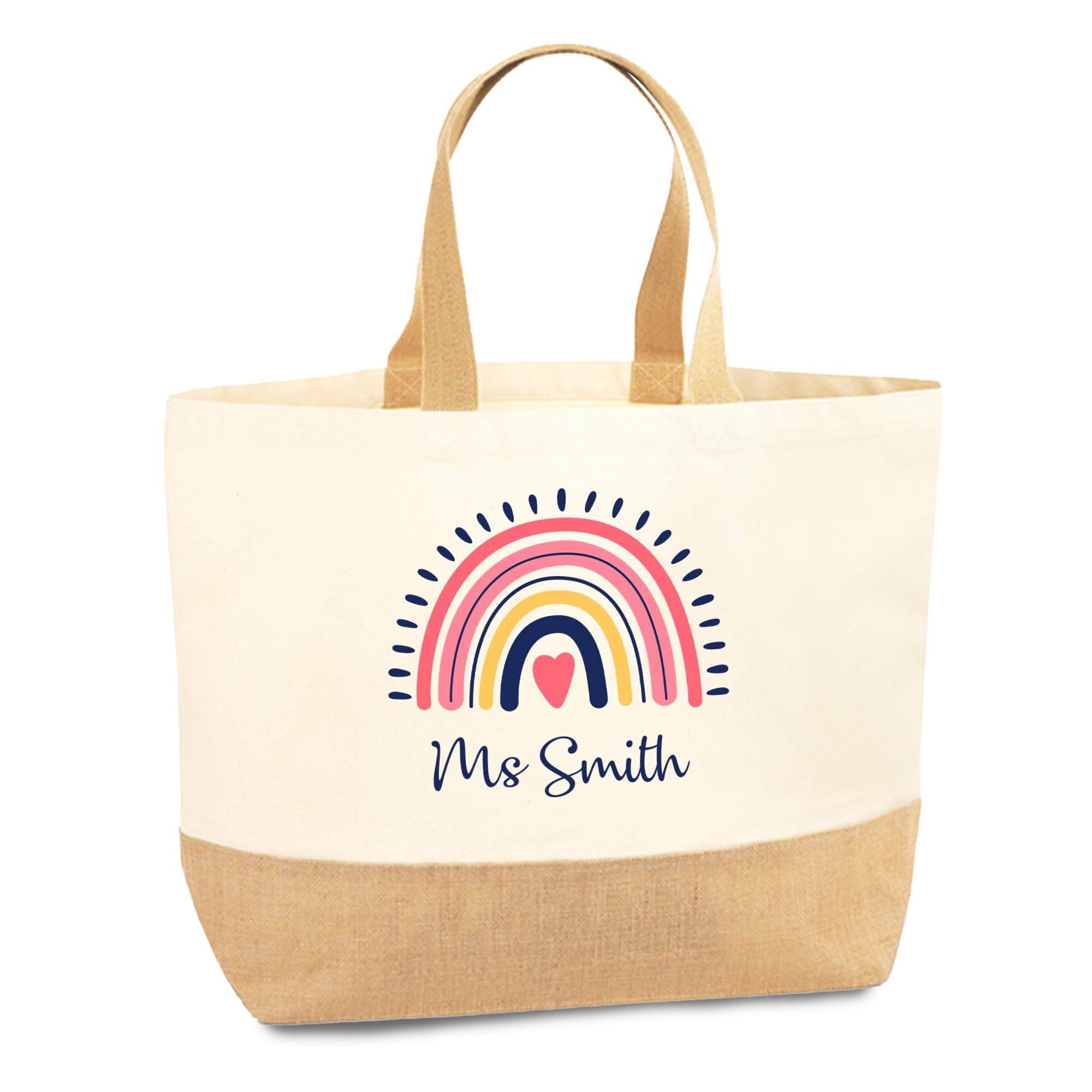 Print Maniacs Personalised Rainbow Bag Custom Name Tote Gift For Teacher Nursery Assistant School Staff Appreciation Gift End Of Year Thank You Teacher Present Canvas Jute Shopping Bag