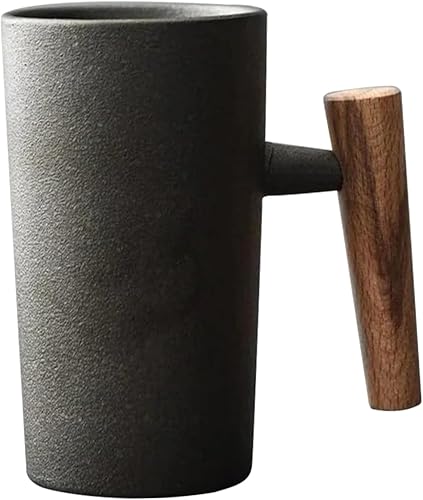 Taza de café con mango de madera, 7.4 fl oz, taza de café de madera, tazas ergonómicas exquisitas de gres vintage, taza de cerámica para oficina en
