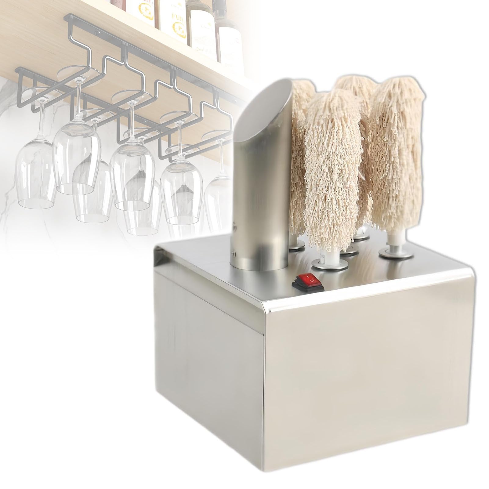 Ofyphth Electric Wine Glass Polisher, Commercial Glass Washer, 3/5/8 Brush Electric Cup Washer, Bar Glass Cleaner, 300 Cups/Hour, Hot Air Drying, Suitable for Kitchens/Restaurants/Hotels. 5Head