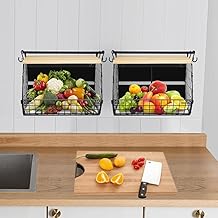 Willonin 2 x Fruit Basket Kitchen Wall Shelves, Kitchen Organizers Basket for Fruit and Vegetable Storage, 35 x 17 x 29.5 cm, Black + Wood