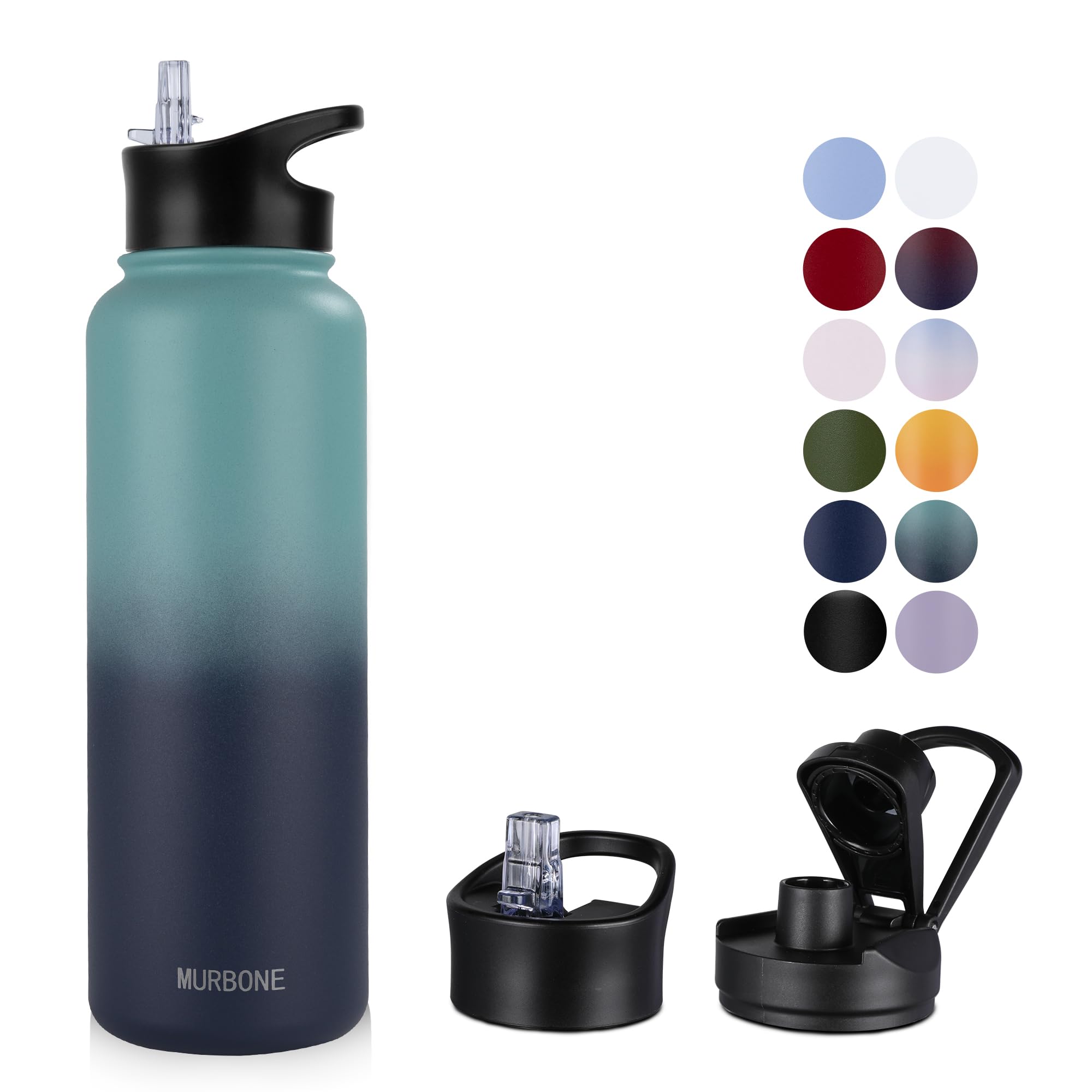 MURBONE Insulated Water Bottle, 1.2L Stainless Steel Drink Flask with Straw, BPA Free, 2 Lids (Straw Lid and Spout Lid), Leakproof Double Walled Vacuum Water Bottle, Green Blue Gradient