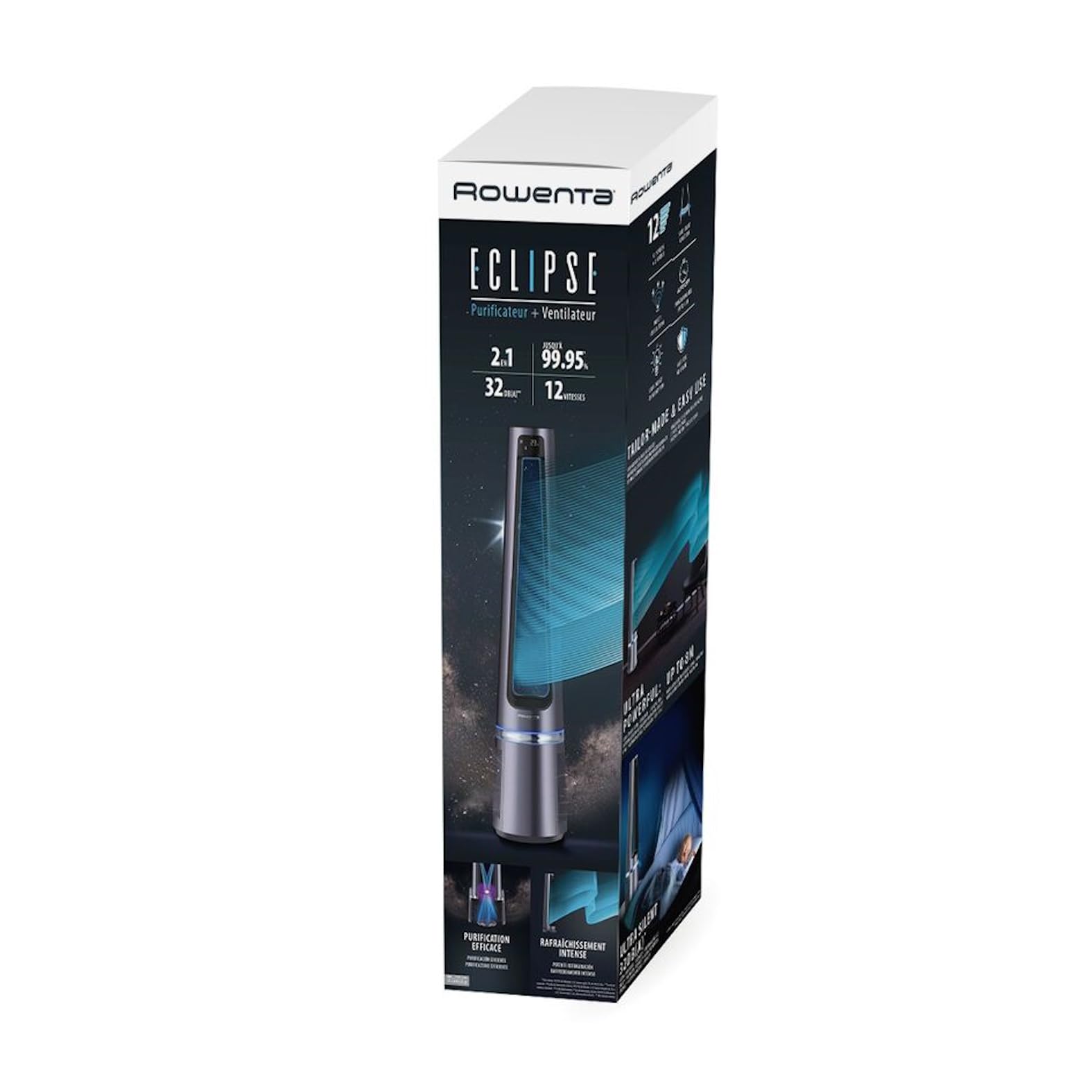 Rowenta Eclipse 2in1 Luftreinigungsventilator, Ventilator und Luftreiniger, bis zu 99,95% der Feinpartikel, Luftstrom bis 8m, Oszillation, 12 Geschwindigkeiten, Nacht-Modus, QU5030F0