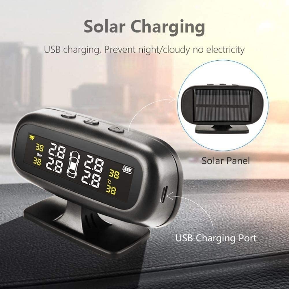 Tire Pressure Sensor Tire Pressure Monitoring System TPMS Solar Tire Pressure Monitor 6 Alarm Modes Flexible Charging Method with 4 External Sensors Car Tire Real-Time Wireless Auto Alarm System