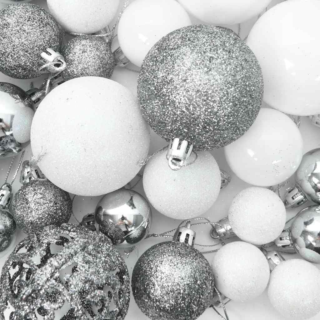 Lot de 111 boules de Noël blanches et grises en polystyrène incassable avec 3 tailles, étoiles, flocons de neige, pointe de sapin de Noël, ficelles pour décoration de sapin de Noël, guirlande
