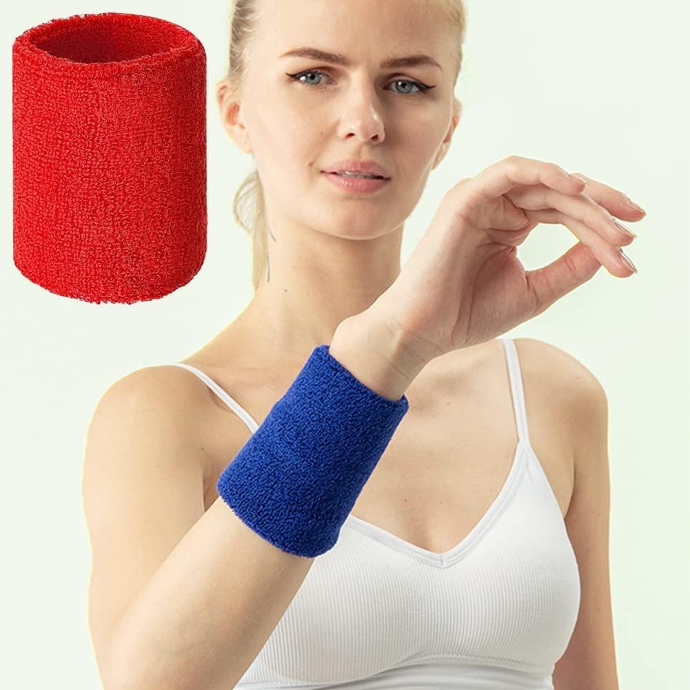 Lot De 4 Bandes De Sport En Coton – Bracelets Poignet Absorbants, Élastiques, Rouges Et Bleues, Pour Basket, Badminton, Volley
