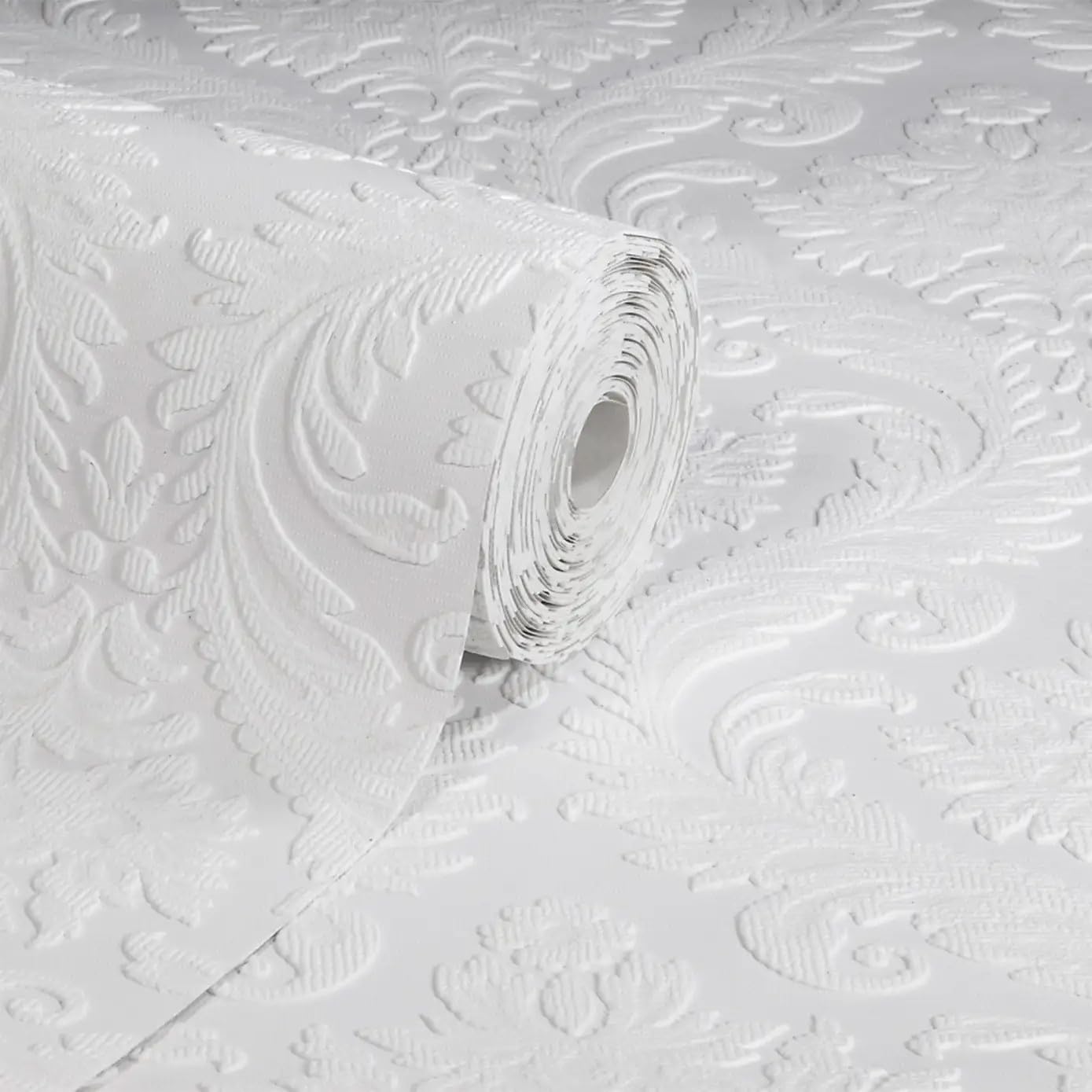 SOPHIE LAURENCE White Damask Paintable Wallpaper | Embossed | Blown Textured Vinyl | Slightly Imperfect | Thick & Heavy | Disguise Imperfections | Personalise by Painting