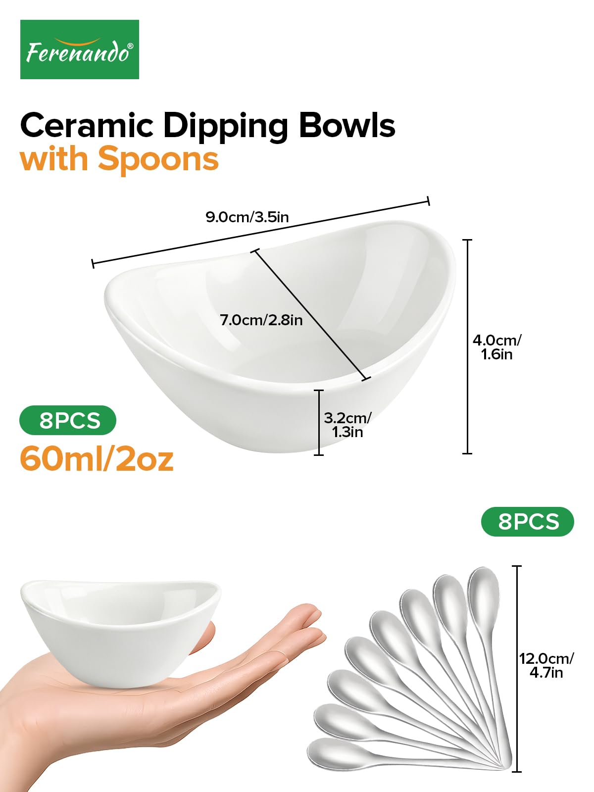8 Ciotole per Salsa in Ceramica con 8 Cocchino, 60ml Ciotole Aperitivo Ceramica, Piatti per Condimenti di Ovale Bianca, Perfette per Salse, Snack, Spezie, Contorni, Frutta e Condimenti