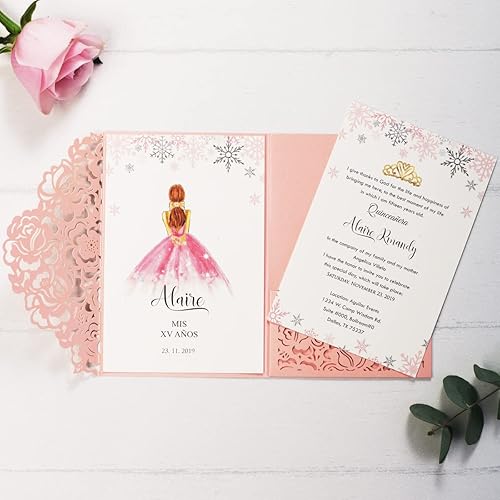 Miniatura 4 de 50 tarjetas de invitación de quinceañera personalizadas de color rosa con sobres, de 5 x 7.3 pulgadas, corte láser, bolsillo de rosa hueco con