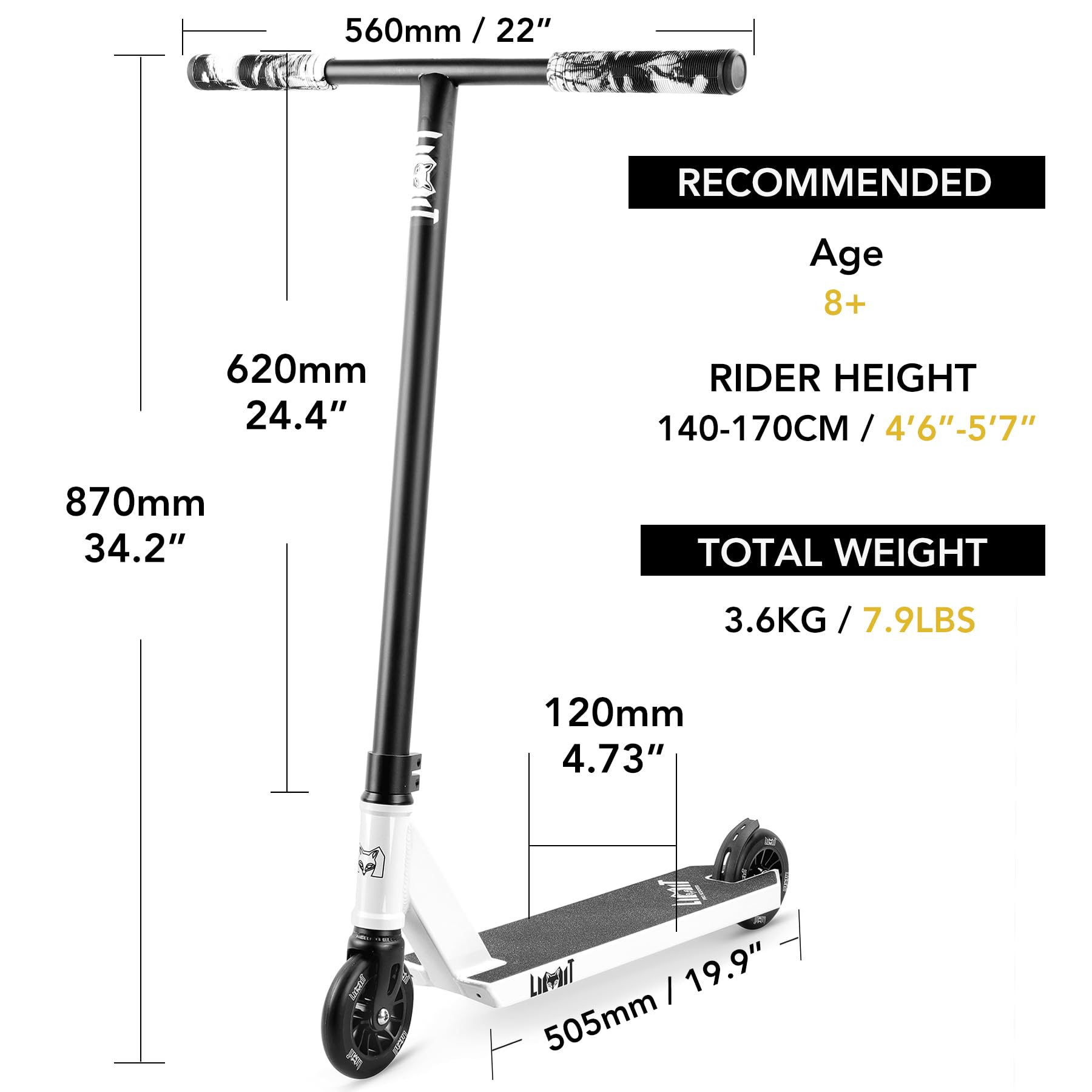 Limit Trottinette Pro Trick LMT69 - Hauteur 86,9 cm - Pour adolescents et adultes débutants ou intermédiaires à partir de 8 ans