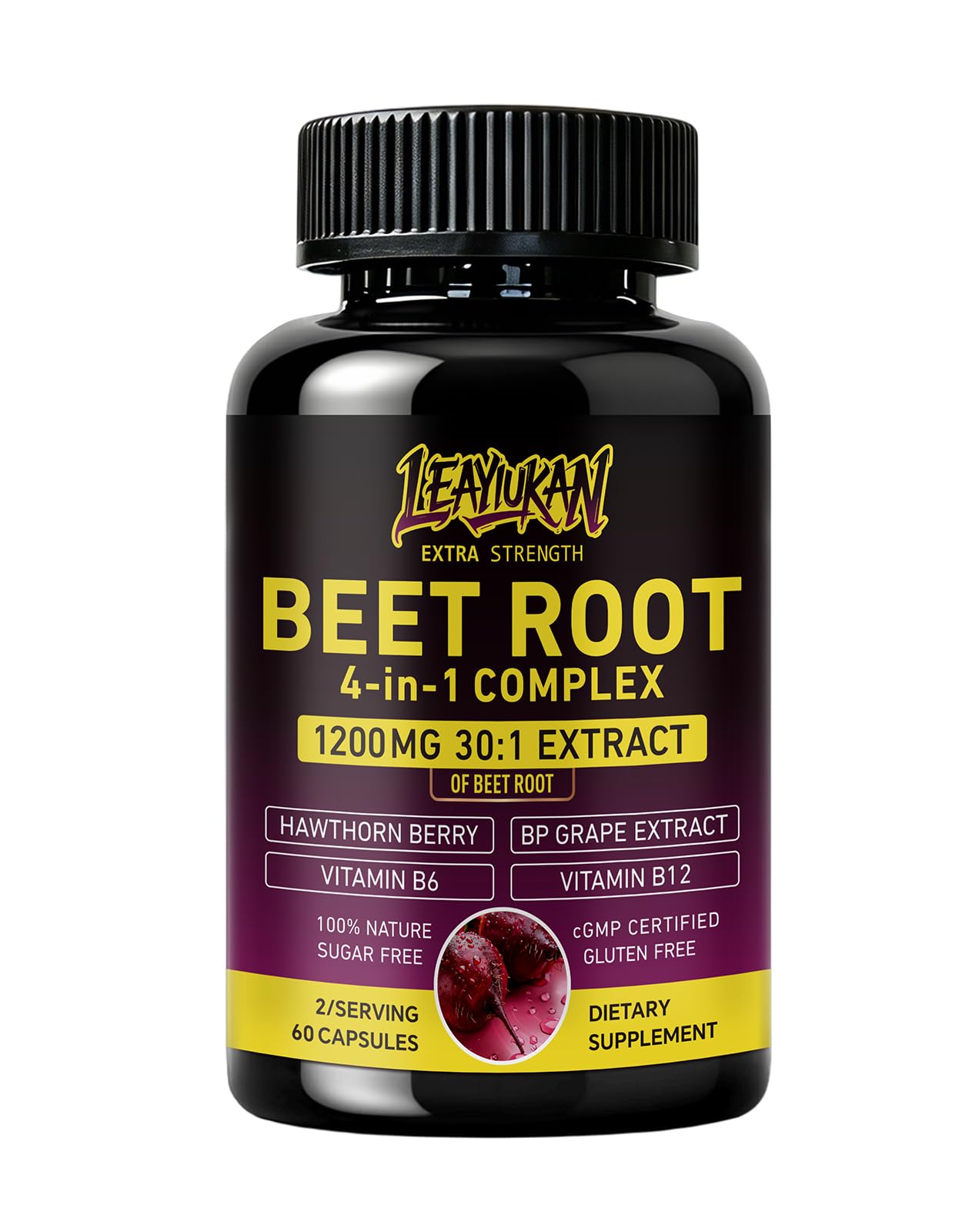 LEAYIUKAN Pré-treino de beterraba, extrato de beterraba 1200 mg, extrato de semente de uva e espinheiro, 60 cápsulas