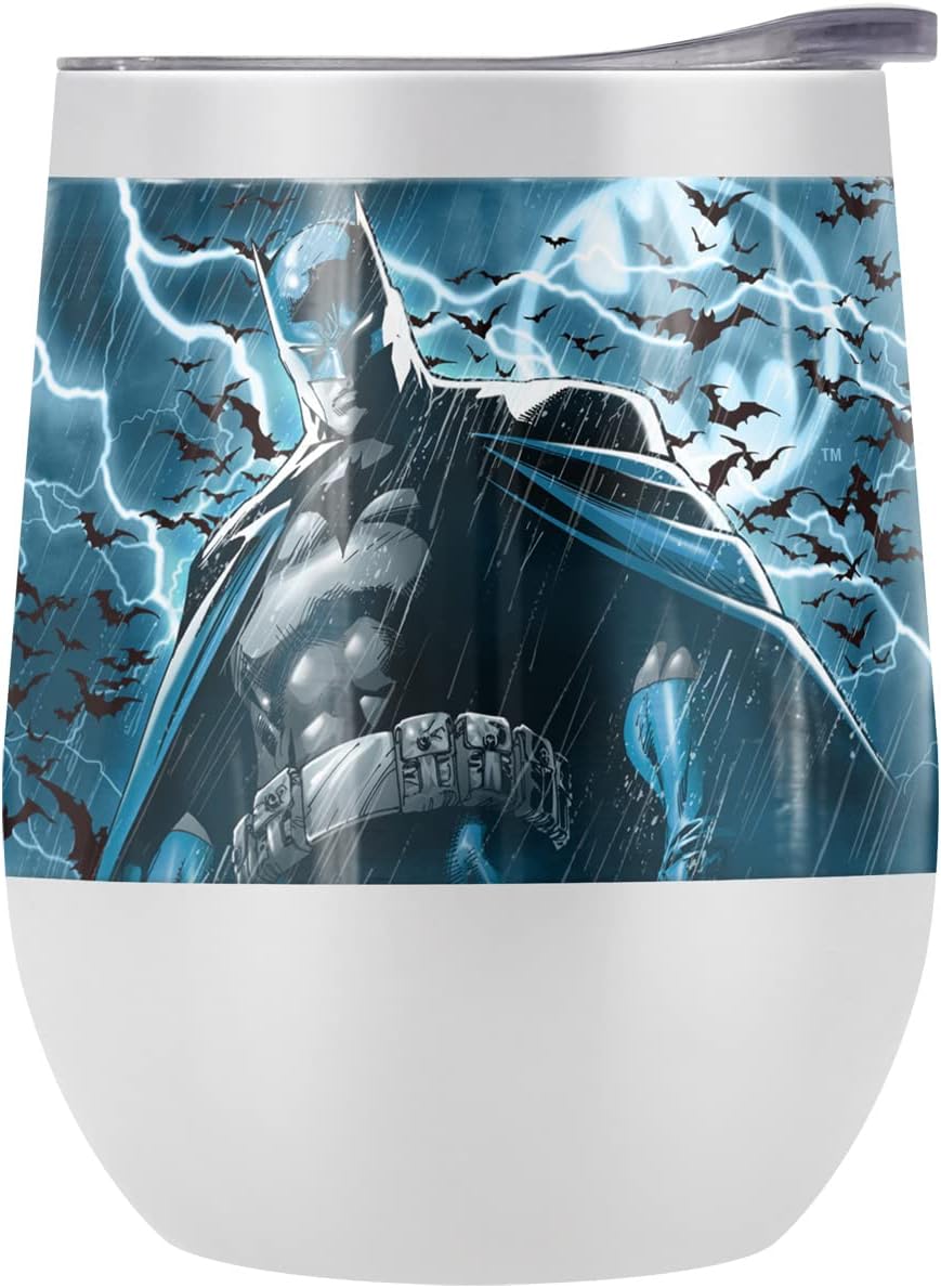 Batman OFFICIAL Stormy Knight 12 OZ Stemless Wine Tumbler, Stainless Steel Travel Cup|Lake Tumbler|Insulated with Leak Resistant Slide-Lock Lid, White