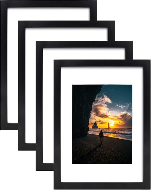 EGOFINE A4 Photo Frames Black Set of 4 - Made of Solid Wood for Table Top and Wall Mounting