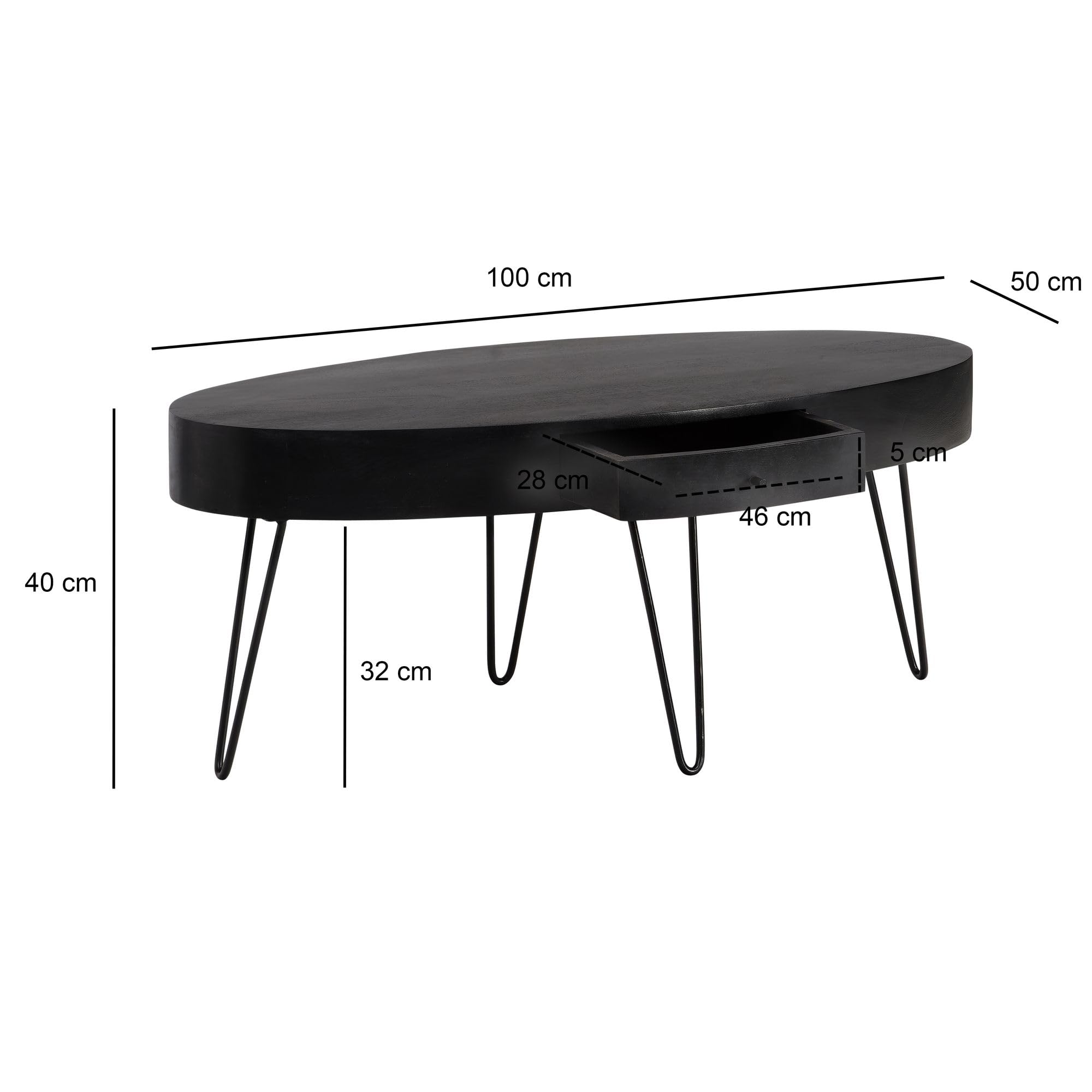 FineBuy Stolik Kawowy Owalny 100x50x40 cm Lite Drewno Mango Czarny | stolik do salonu z szufladą i hairpin nogach, stolik pod sofę z prawdziwego drewna, ręcznie wykonany unikat