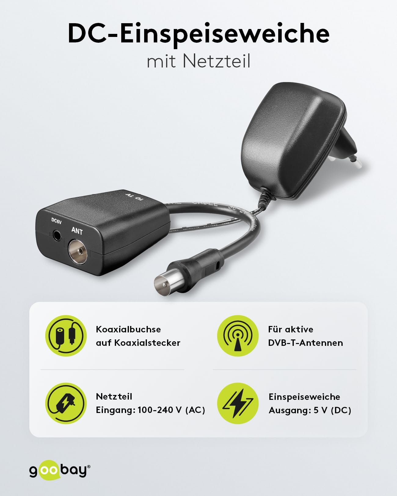 Goobay 67245 DC sygnał zasilania do anteny DVBT aktywny/adapter zasilający z zasilaczem/gniazdo koncentryczne do anteny pokojowej HDTV/wyjście 5 V/czarny