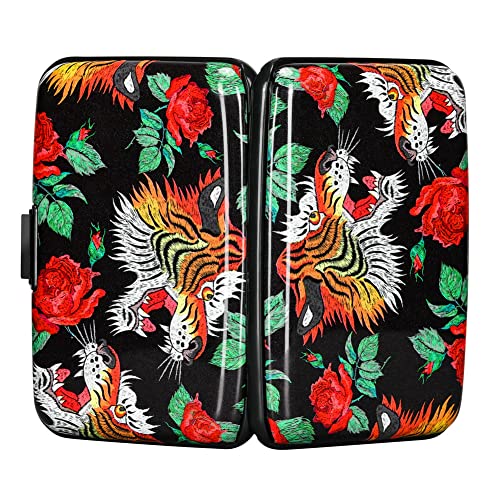 Image of Elfish Mini RFID Aluminum Wallet Credit Cards Holder Business Card Case Metal ID Case for Men Women, Tiger Rose