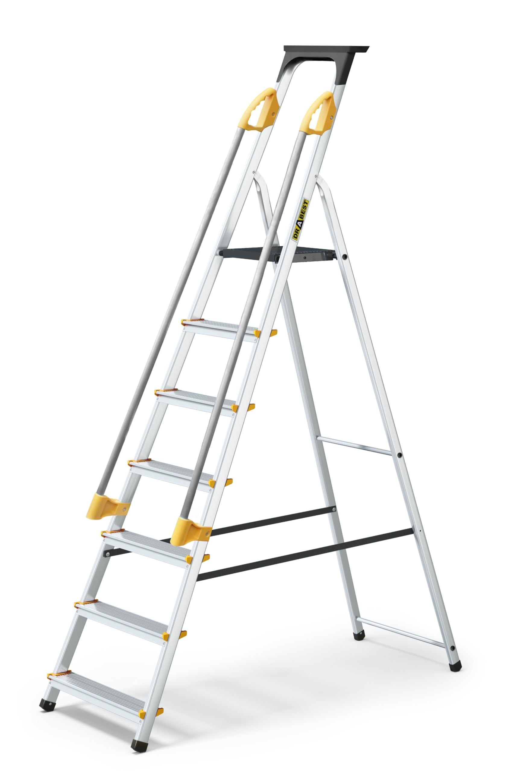 Drabest Silver Pro Series 7 Step Ladder Folding - Aluminum Folding Ladder - Lader With Safety Handrails & Work Platform - Stepladders 7 Tread - Capacity 150 Kg - Multi-Purpose Ladders - 50X215x12cm
