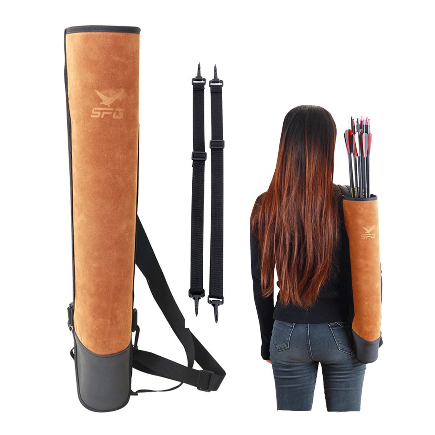 SOPOGER Archery Quiver Suede Shoulder Back Arrow Quivers Retro Single and Dual Shoulder Arrow Bags with Large Pouch Adjustable Belt for Outdoor Hunting & Target Practicing