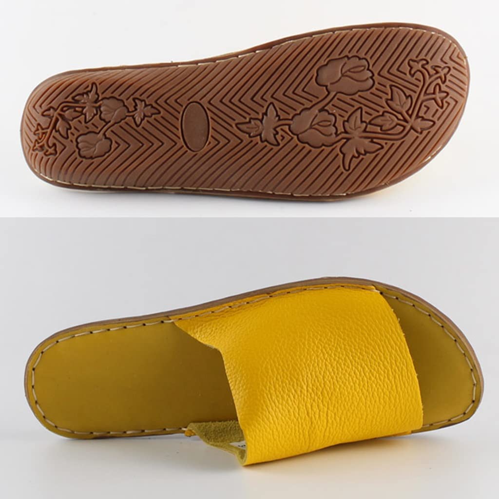Zapatillas de Interior para Mujer Suela Blanda, Zapatillas con Punta Abierta, Sandalias y Zapatillas de Verano de una Palabra de Piel de Vaca Completa, Zapatillas de Cuero Hechas a Mano con Parte
