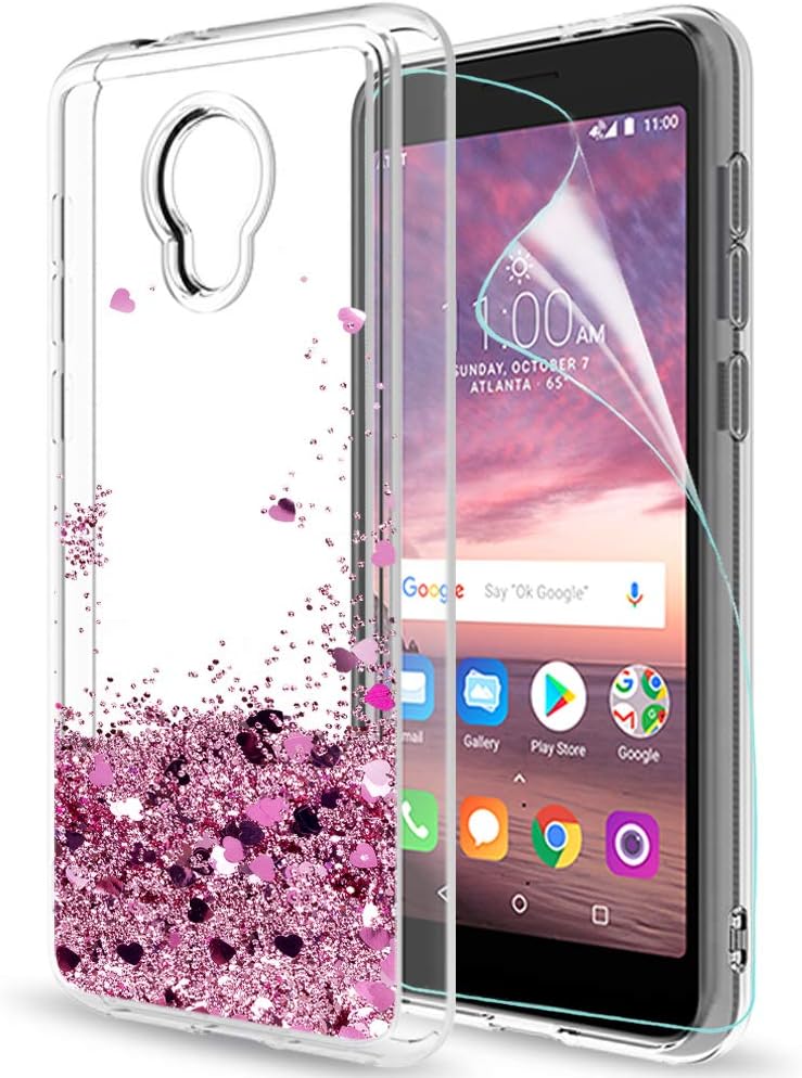 LeYi Alcatel TCL LX (A502DL) Case, Alcatel 1X Evolve Case with HD Screen Protector for Girls Women, Glitter Bling Moving Liquid Quicksand Clear Phone Case for Alcatel IdealXtra (5059R) ZX Rose Gold
