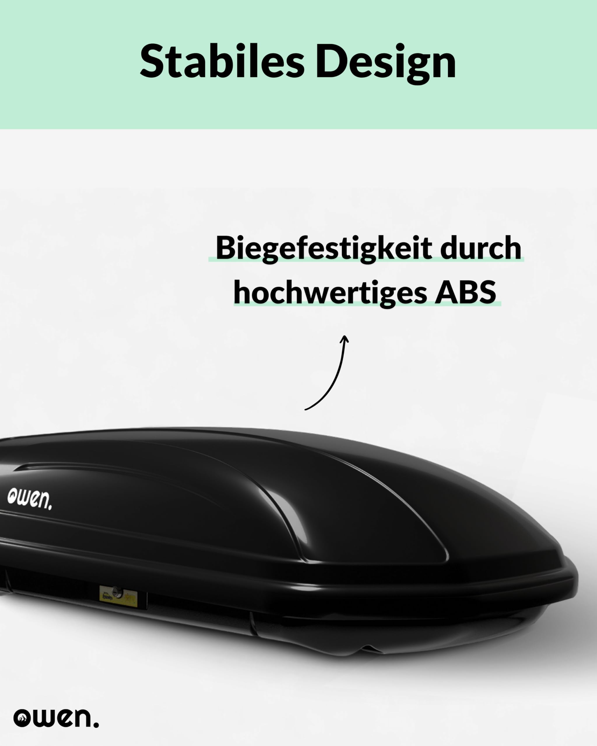Owen Dachbox 320L | Kompakt, aerodynamisch & wetterfest | City-Crash-getestet für höchste Sicherheit | 50 kg Tragkraft | Abschließbar mit rechtsseitiger Öffnung | Einfache Montage | Glänzend Schwarz