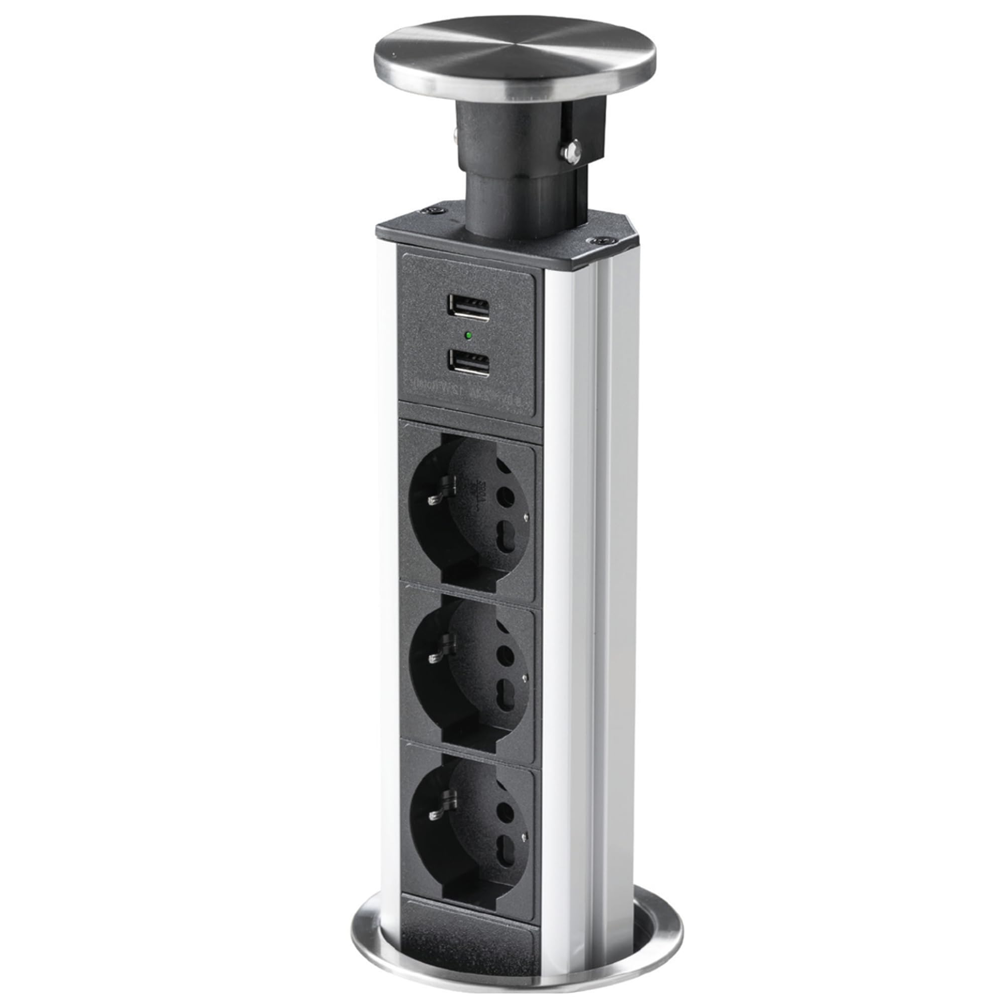 Torretta Elettrica a Scomparsa con 3 Prese Schuko 10/16A, 2 USB, Cavo 1,8m, Alluminio e Coperchio Inox Satinato – Design Moderno, Installazione Flessibile, 3500W Max (Grigia)