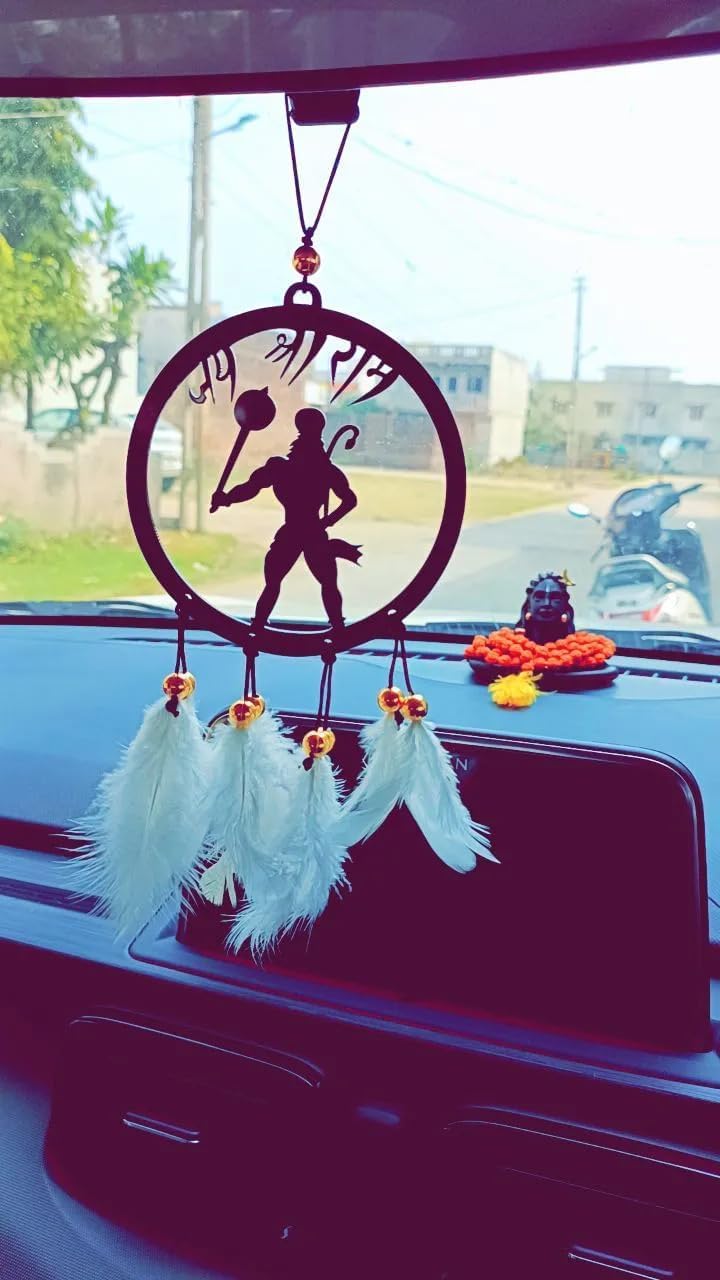 Jiyu Creation Dream Catcher car Hanging of Lord Hanuman with White Feather Theme/Origional Feather/Car Hanging Decor/Pack of 1 (Lord Hanuman witrh Shree Ram)-image-32