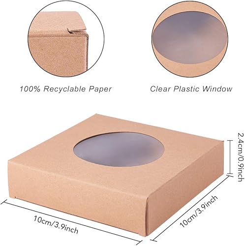 Miniatura 2 de BENECREAT Paquete de 24 cajas de papel kraft cuadradas marrón con ventana redonda transparente de 4 x 4 x 0.9 pulgadas para regalos de fiesta,